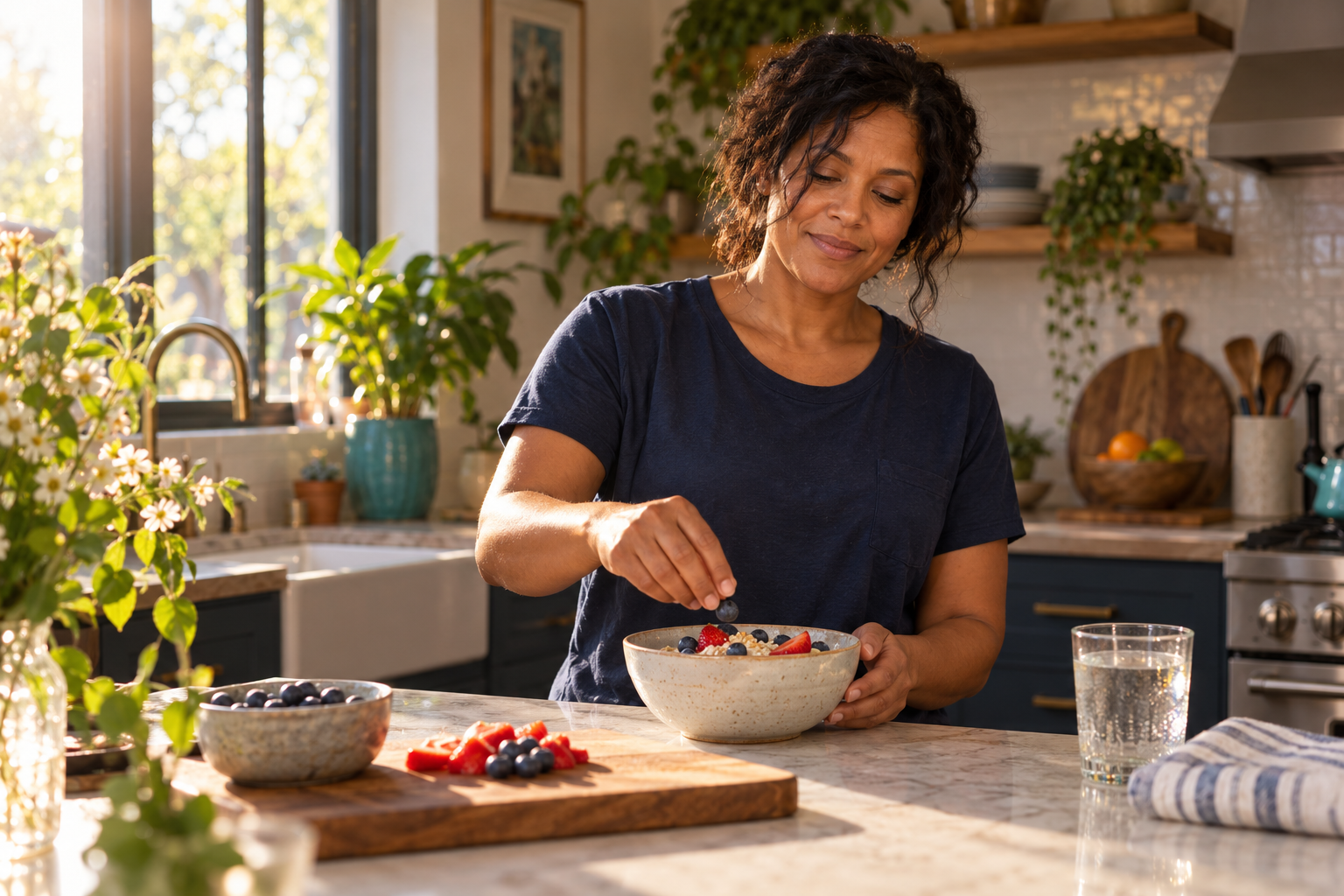 Renee at home with a simple breakfast and a glass of water