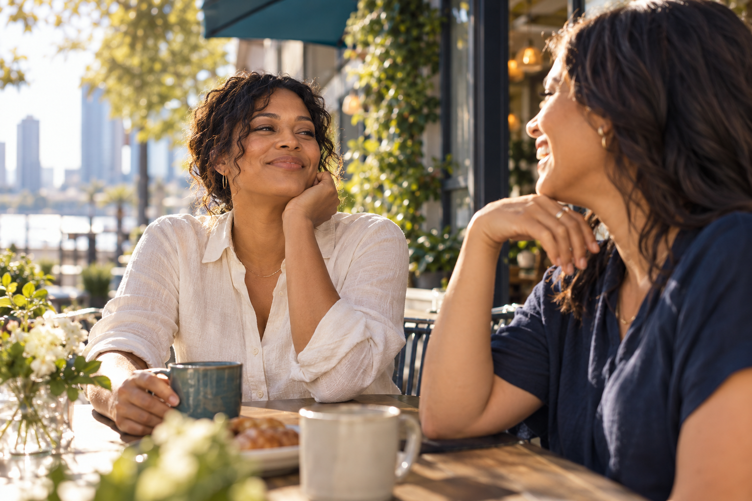 Renee sharing a relaxed outdoor café conversation with a friend