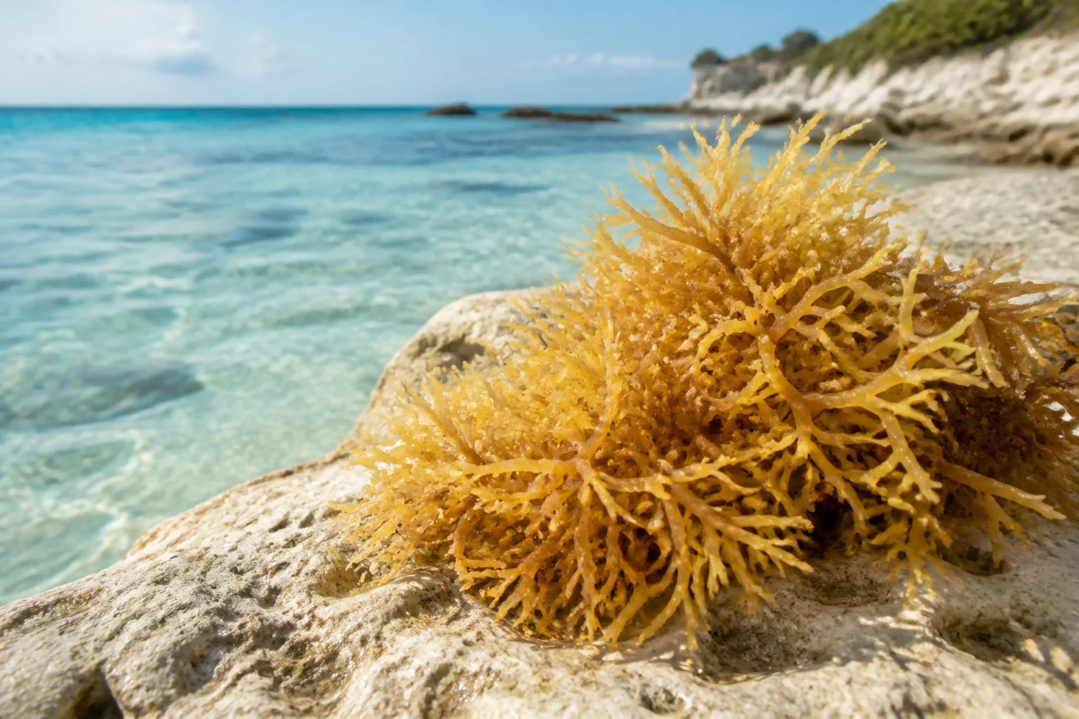 Golden sea moss pictured beside turquoise coastal water